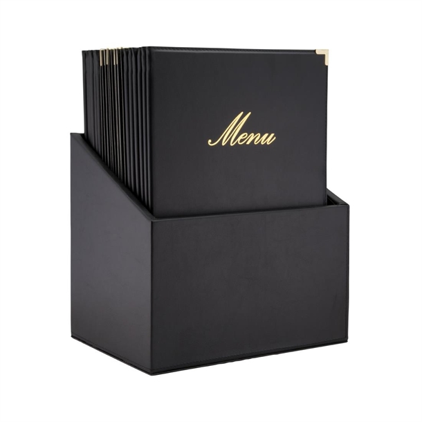 Boîte avec 20 protège-menus simili cuir A4x4 Securit Classic noirs
