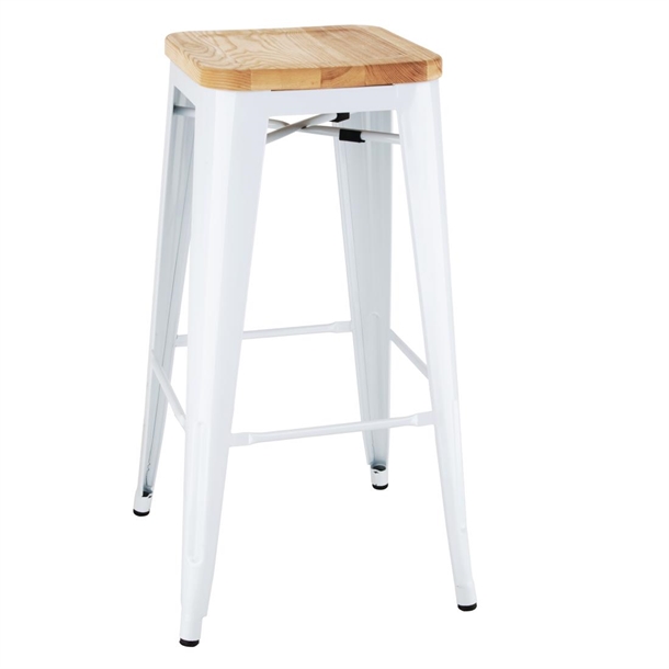 Bolero Bistro High Stool White with Wooden Seatpad (Pack 4) FSC 100%