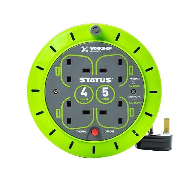 Status 5m 13Amp 4 Socket Cable Reel with Thermal Cut Out