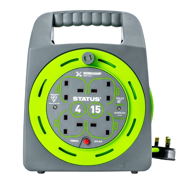 Status 15m 13Amp 4 Socket Handbag Cable Reel with Thermal Cut Out