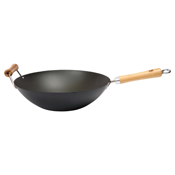 Dexam School of Wok Pre-Seasoned Carbon Steel Flat Base Wok - 360mm