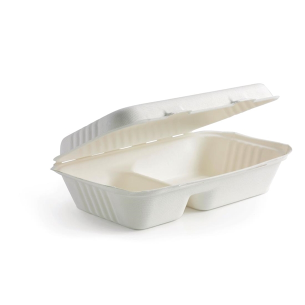 BioPak BioCane Two Compartment Clamshell White - 23x15x8cm (Box 250) (B2B)