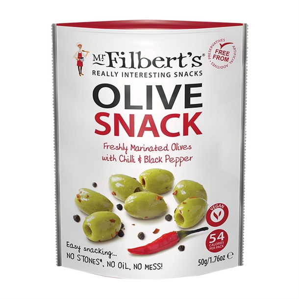 Mr Filberts Grab and Go Chilli & Black Pepper Olives (12 x 50g)