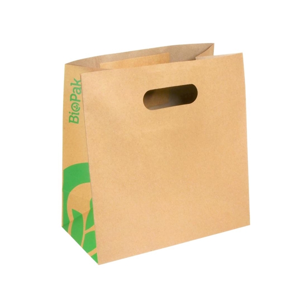 BioPak BioPaper Small Die Cut Handle Kraft paper Bags - 270x280x150 (Pack 250)