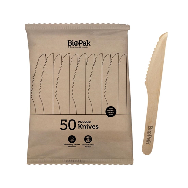 BioPak BioCutlery Wooden Knife - 16cm (Pack 50)