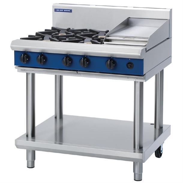 Blue Seal 900mm Gas Cooktop 4x Burners & 300mm Griddle On Leg Stand LPG (Direct)