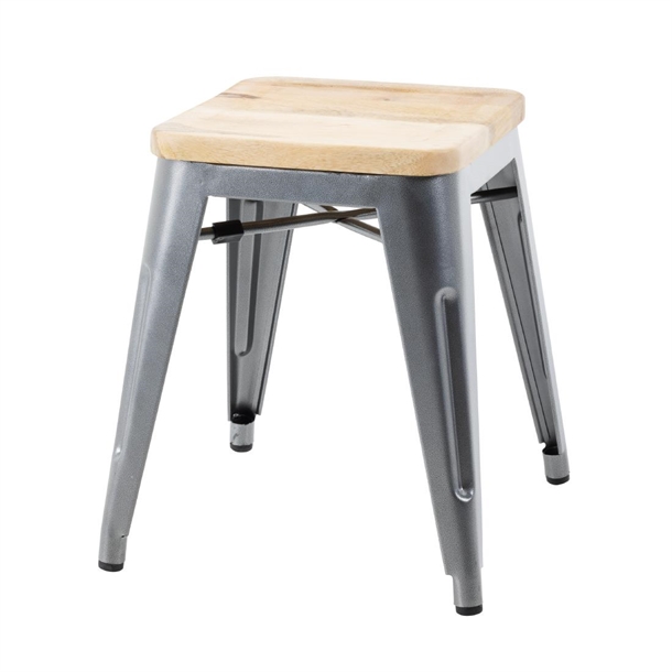 Tabouret bistro bas en acier gris métal avec assise en bois Bolero (lot de 4)