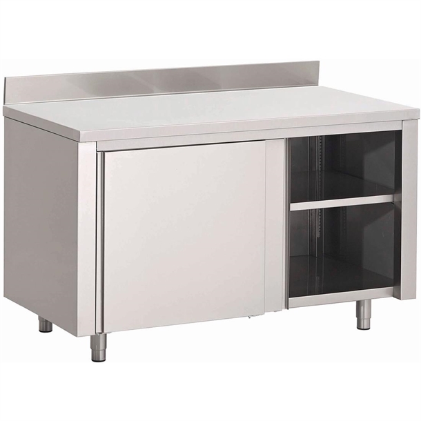 Gastro M RVS werktafel met schuifdeuren en achteropstand 85/90x200x70cm