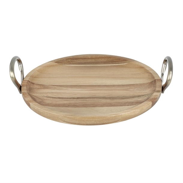 Olympia Round Dish Acacia Wood with Metal Handles - 345x305x80mm FSC 100%