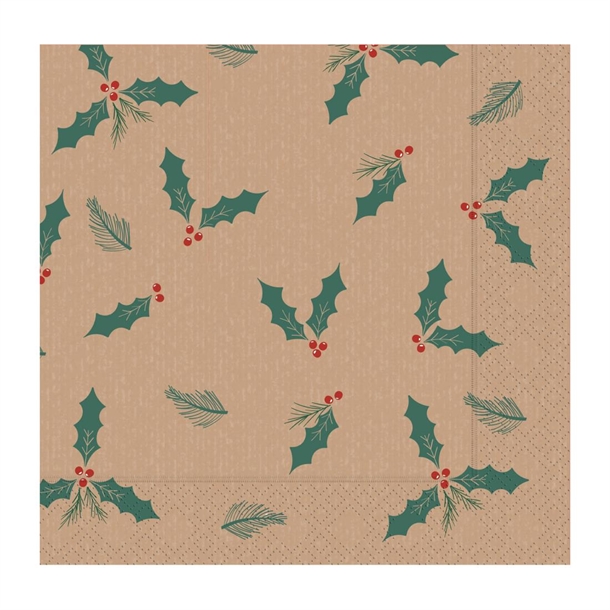 Swantex Lunch Napkin Kraft Jolly Holly - 33x33cm 2ply 1/4 Fold (Pack 2000)