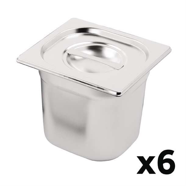 Vogue Gastronorm-Behälter-Set aus Edelstahl mit Deckeln GN 1/6 (6 Stück)