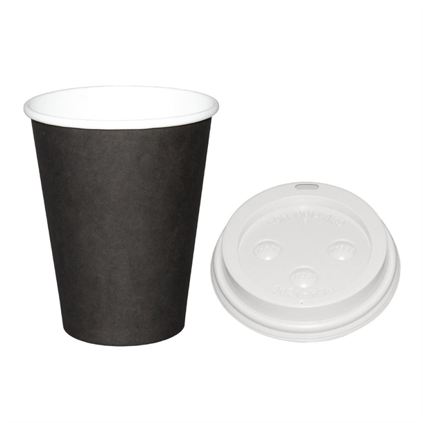Fiesta Hot Cups Single Wall Black with White Lid - 225ml (Box 1000)