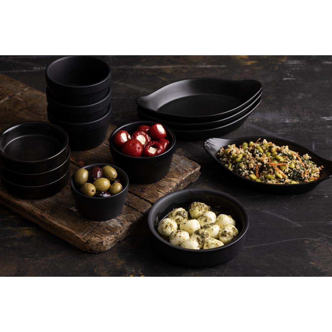 Olympia Mediterranean Oval Eared Dishes Black 204x118mm (6 Pack