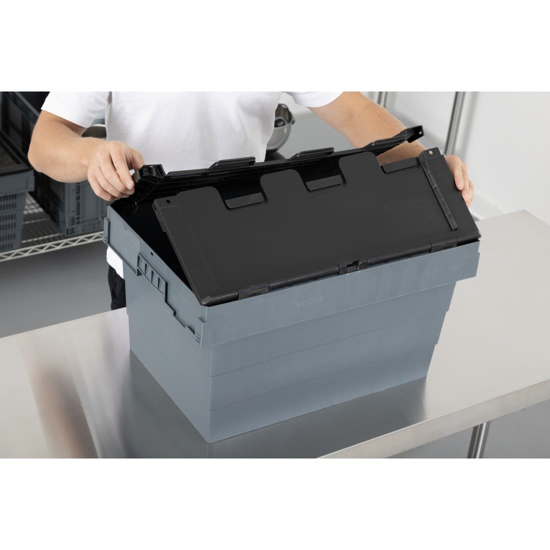 Vogue Plastic Transport Storage Crate with Attached Lid