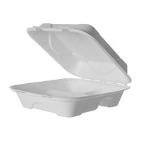 Detpak Sugarcane 3 Compartment Clamshell Container White 203x203x76 (200 Pack)