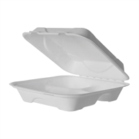 Detpak Sugarcane 3 Compartment Clamshell Container White 229x229x76(200 Pack)