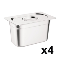 Vogue Stainless Steel 1/4 Gastronorm Tray Set with Lids (4 Pack)