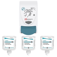 Deb Antibac Soap Dispenser and 3 Unperfumed Antibacterial Foam Hand Soaps 1Ltr