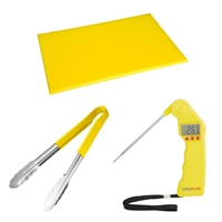 Hygiplas Colour Coded 3-Piece Yellow Tong, Chopping Board & Thermometer Set