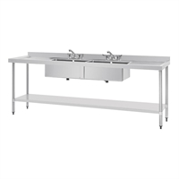 Vogue RVS dubbele spoeltafel met dubbele afdruip 2400 mm