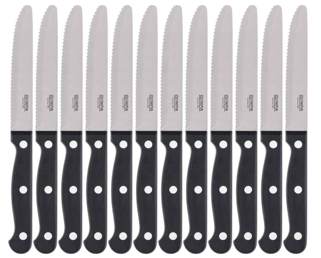 Lot De 12 Couteaux à Steak Jumbo Olympia - Lame Inox 18/0 Dentelée 115mm, Manche Palissandre, Longueur Totale 250mm