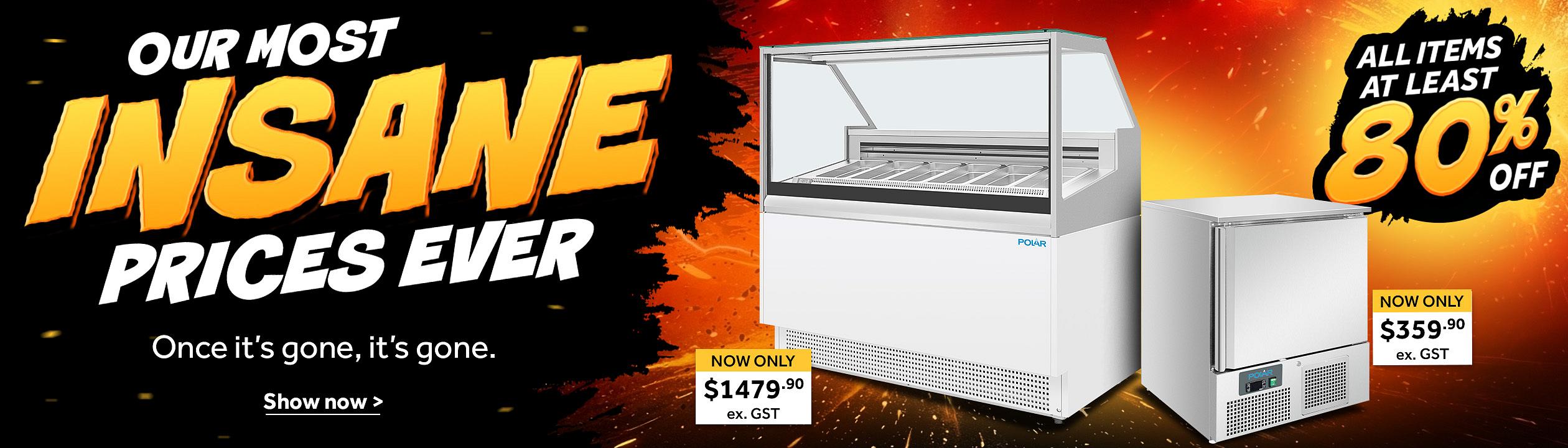 Save atleast 80%. Insane prices sale banner featuring discounted commercial grills and cooking equipment with savings of at least 80% off and promotional pricing displayed. Shop now >.