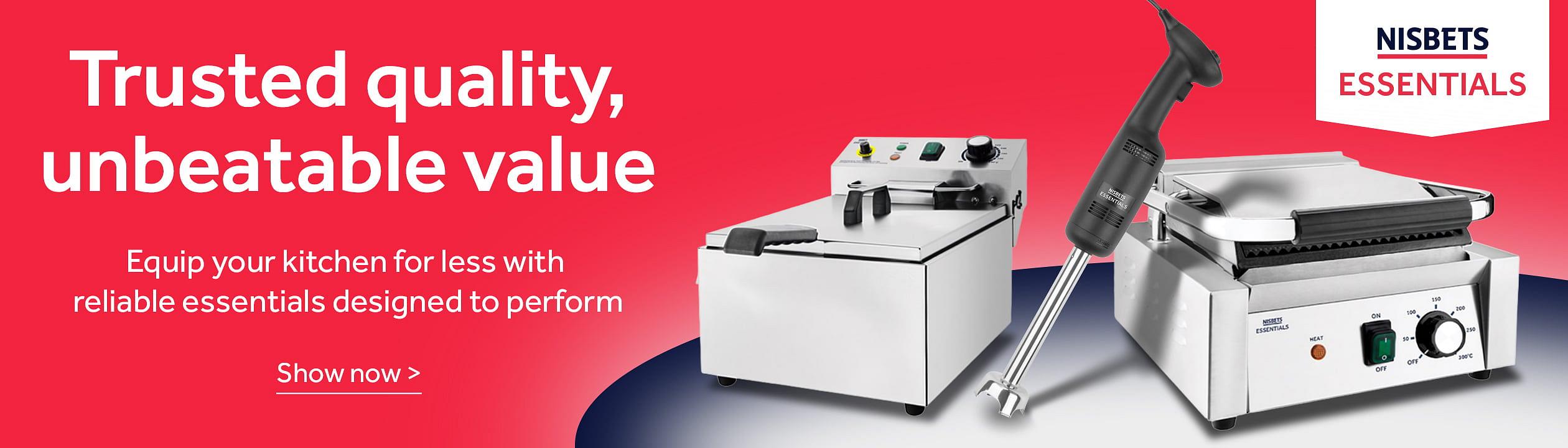 Nisbets Essentials. Nisbets Essentials. Trusted quality, unbeatable value. Montage showing Nisbets Essentials Single Tank Electric Fryer 5Ltr, Nisbets Essentials Contact Grill Ribbed Top, Nisbets Essentials Variable Speed Stick Blender 250mm Shaft. Shop now.