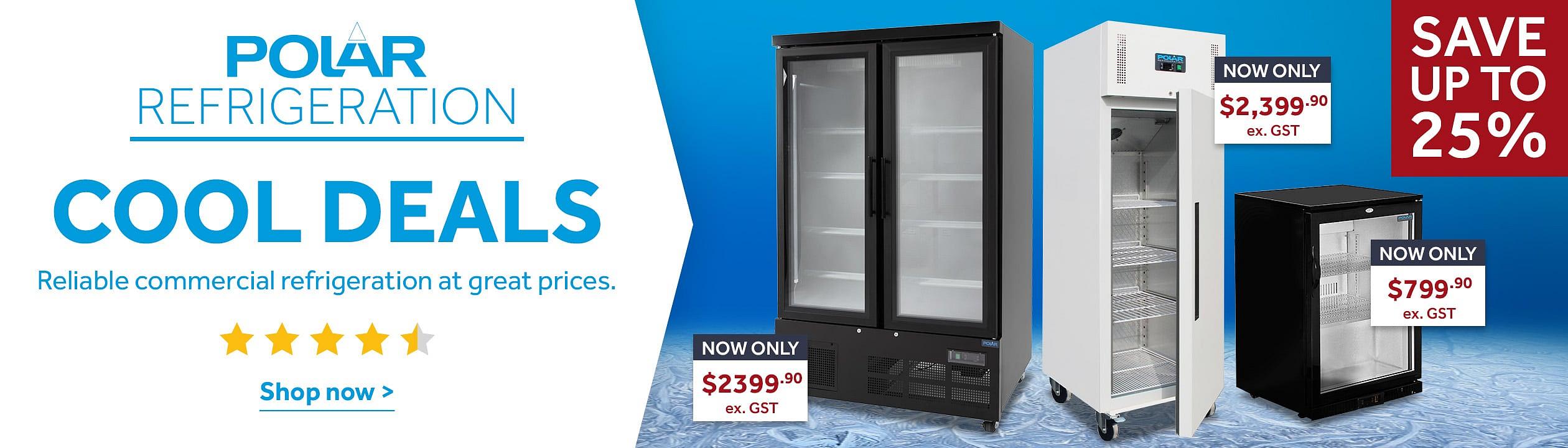 Polar refrigeration cool deals banner featuring commercial display fridge and upright freezers with promotional pricing and savings up to 25% off. Shop now >