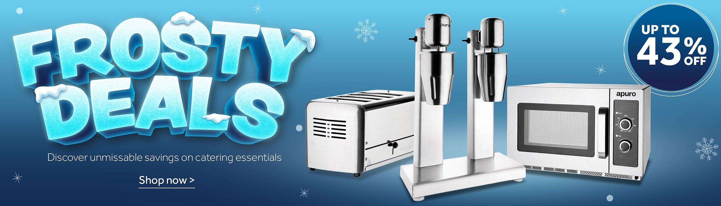 Frosty Deals. Catering promotion banner with snowy blue background, featuring a toaster, coffee machine, and microwave, alongside text Discover unmissable savings on catering essentials. Shop now” and a badge stating “Up to 43% off.