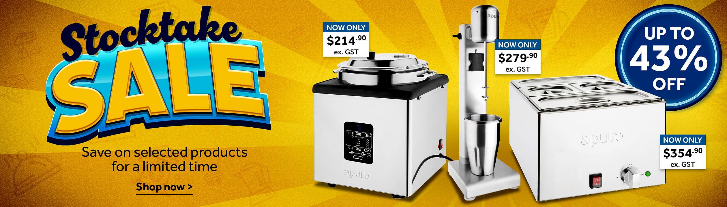 Stock Take Sale. Stocktake Sale promotional banner on a yellow background featuring discounted commercial kitchen equipment. Large text reads 'Stocktake SALE' with 'Save on selected products for a limited time' and 'Shop now'. A blue badge on the right states 'Up to 43% off. Shop now >