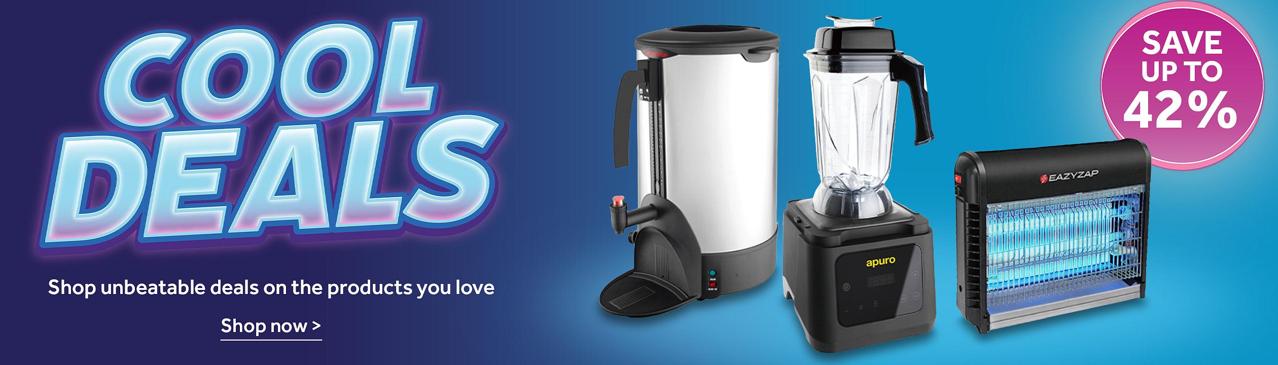 Cool Deals promotion with text ‘Shop unbeatable deals on the products you love’ and ‘Shop now’. Features a hot water urn, commercial blender and electric insect killer, with a ‘Save up to 42%’ badge.
