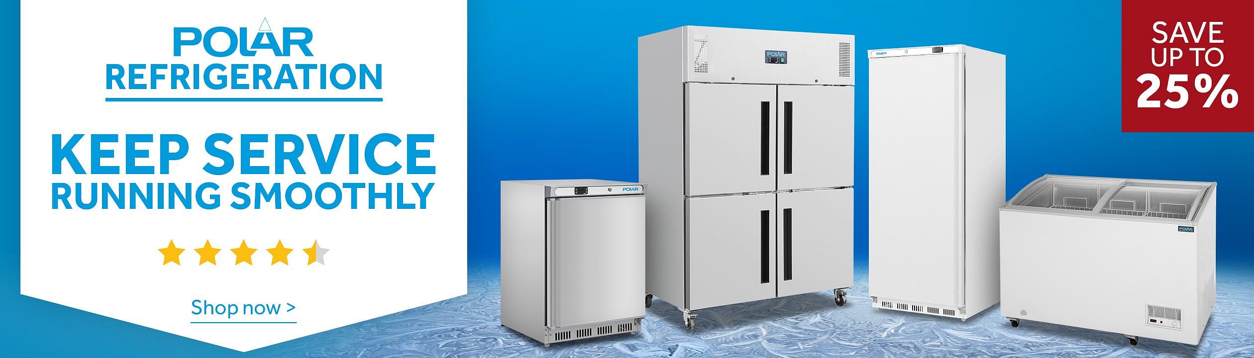 Polar Refrigeration promotion with text ‘Keep service running smoothly’, five-star rating, and ‘Shop now’. Features a range of commercial fridges and freezers, with a ‘Save up to 25%’ offer.