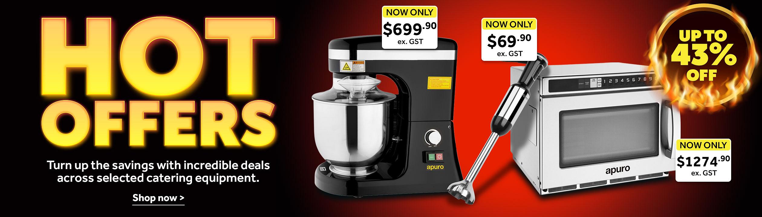 Hot Offers promotional banner featuring an Apuro Heavy Duty Programmable Compact Microwave Oven, Apuro Planetary Mixer, and a Rowlett Hand Blender. Headline reads “Hot Offers” with a badge stating “Up to 43% Off.” A banner message says “Turn up the savings with incredible deals across selected catering equipment.” and a “Shop now” call to action appears at the bottom. Shop now >.