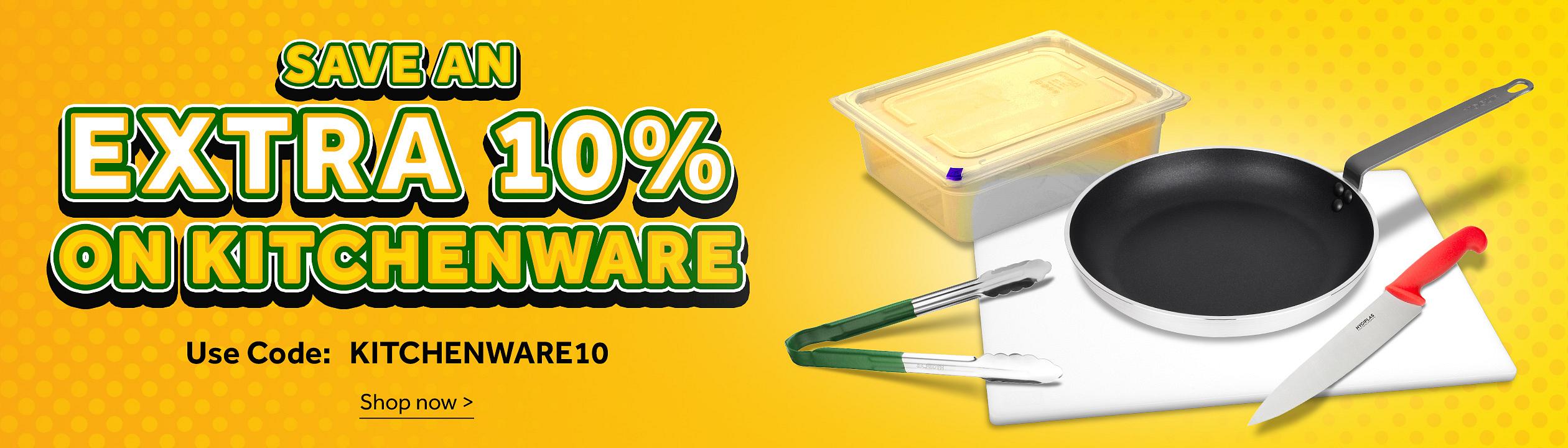 Save an extra 10% on Kitchenware. Montage showing kitchenware items. Use code: KITCHENWARE10. Save an extra 10%. Shop now >.