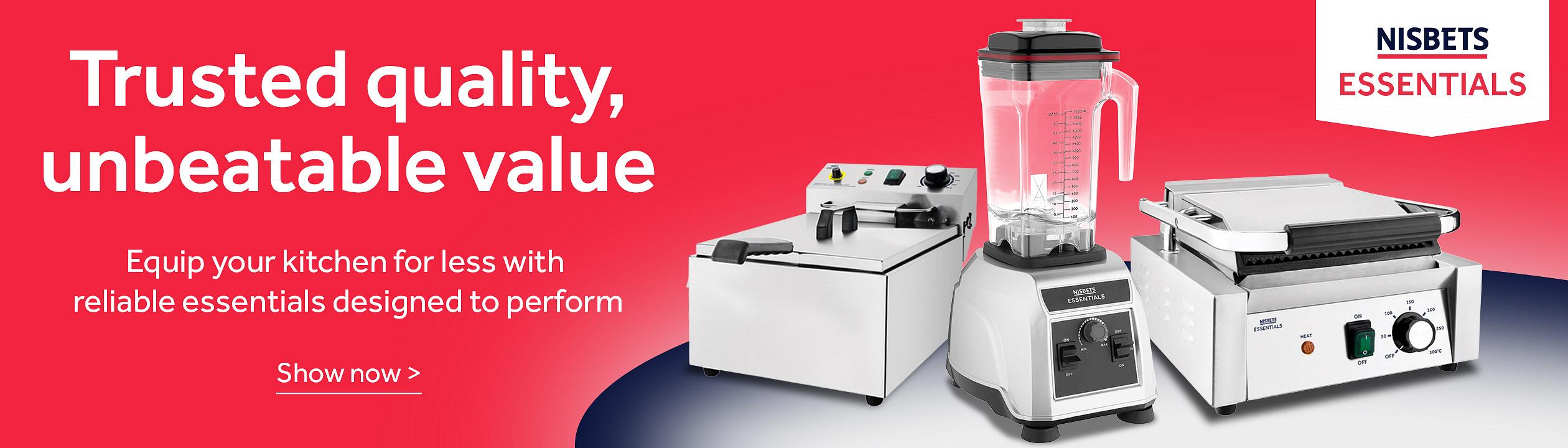 Nisbets Essentials. Trusted quality, unbeatable value. Montage showing Nisbets Essentials Single Tank Electric Fryer 5Ltr, Nisbets Essentials Contact Grill Ribbed Top, Nisbets Essentials Variable Speed Stick Blender 250mm Shaft. Shop now