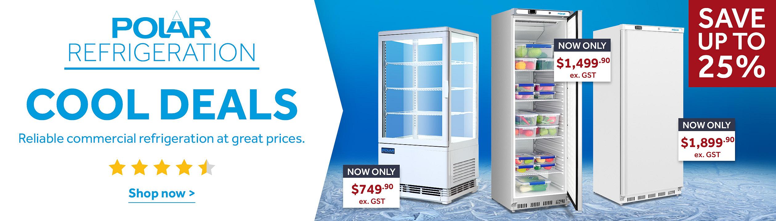 Polar refrigeration cool deals banner featuring commercial display fridge and upright freezers with promotional pricing and savings up to 25% off. Shop now >