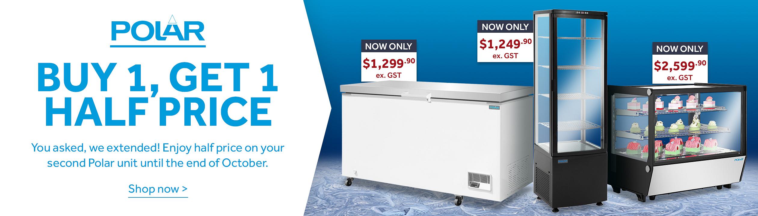Promotional Polar refrigeration sale banner featuring a Chest Freezer, Curved Door Display Fridge, and a Counter Display Merchandiser on an icy blue background. Headline reads 'BUY 1, GET 1 FREE,' with ''You asked, we extended! Enjoy half price on your second Polar unit until the end of October' and a 'Shop now' call to action. Price tags show selected units from $1,249.90 ex. GST. Shop now >