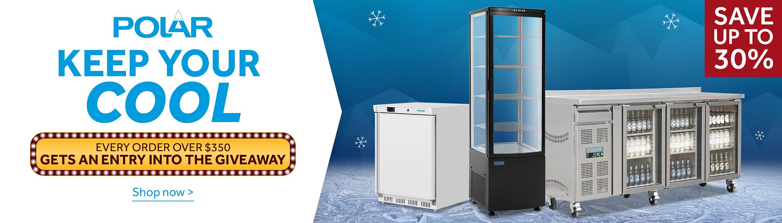 PPromotional Polar refrigeration sale banner featuring a stainless steel three-door bottle cooler, a black glass display fridge, and a white undercounter freezer on an icy blue background. Headline reads 'POLAR KEEP YOUR COOL,' with ''Every order over $350 gets an entry into the giveaway and a 'Shop now' call to action. Price tags show selected units from $1,499.90 ex. GST, with a badge stating 'Save up to 30%''. Shop now >