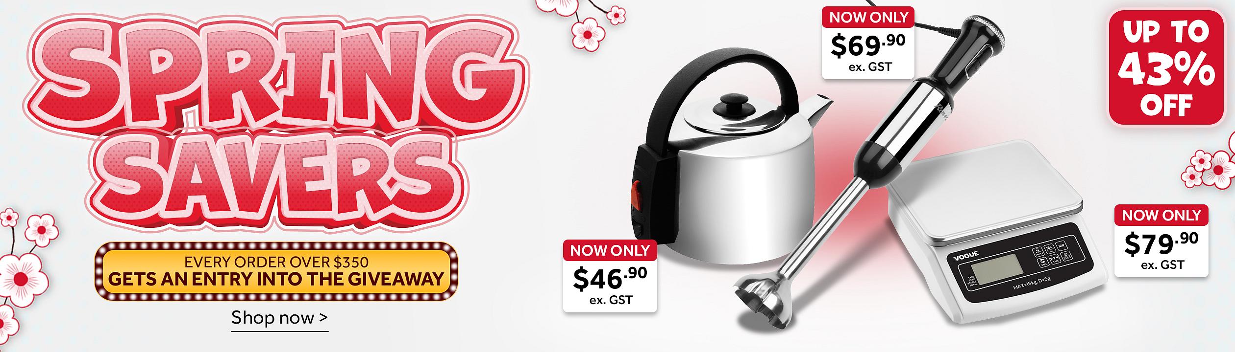 Spring Savers promotional banner featuring a stainless steel kettle, a handheld stick blender, and a digital kitchen scale. Headline reads “Spring Savers” with a badge stating “Up to 43% Off.” A banner message says “Every order over $350 gets an entry into the giveaway,” and a “Shop now” call to action appears at the bottom. Floral spring-themed decorations frame the design. Shop now >.
