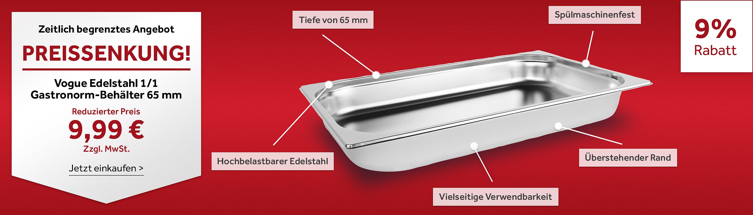 PREISSENKUNG! Vogue Edelstahl 1/1 Gastronorm-Behälter 65 mm - 9% Rabatt - Jetzt einkaufen >