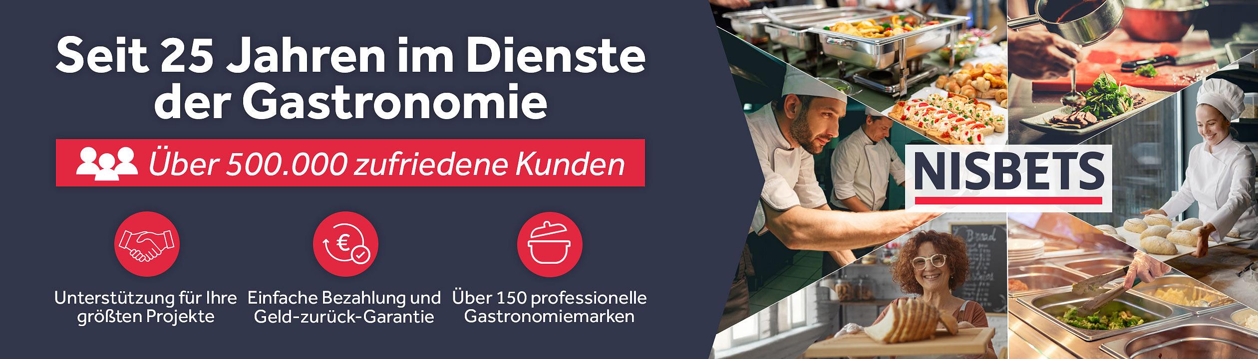 Seit 25 Jahren im Dienste der Gastronomie - Über 500.000 zufriedene Kunden​ - Unterstützung für Ihre größten Projekte​ - Einfache Bezahlung und Geld-zurück-Garantie​ - Über 150 professionelle Gastronomiemarken​​