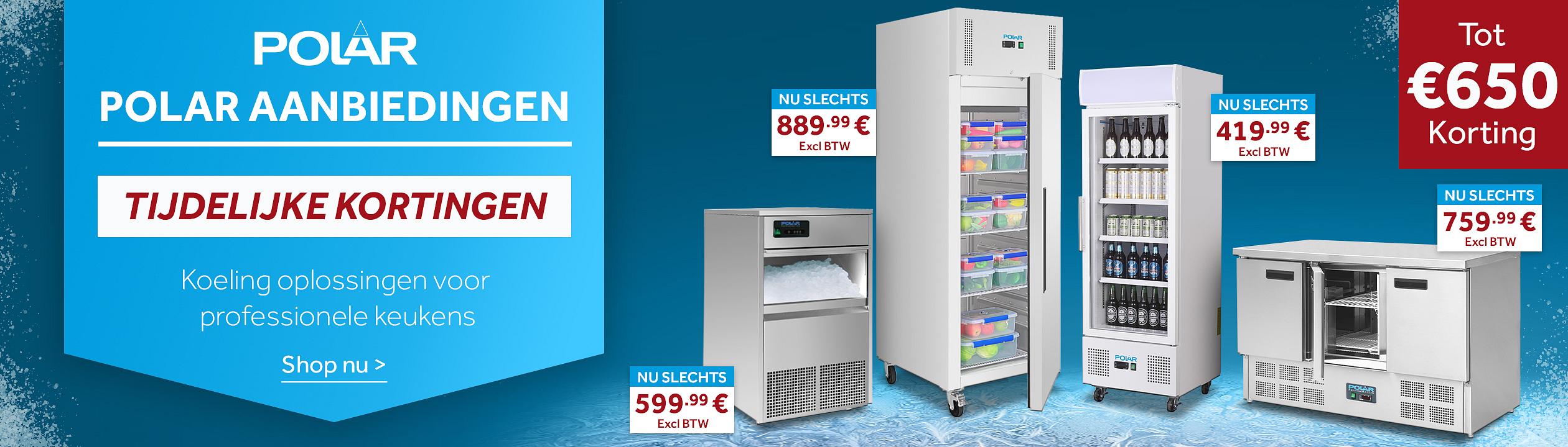 Polar aanbiedingen met ‘Tijdelijke kortingen’ en ‘Koeling oplossingen voor professionele keukens’ en ‘Shop nu’. Toont een ijsmachine, koelvrieskast, displaykoelkast en werkbankkoelkast met prijzen vanaf €419,99 excl. btw en tot €650 korting.