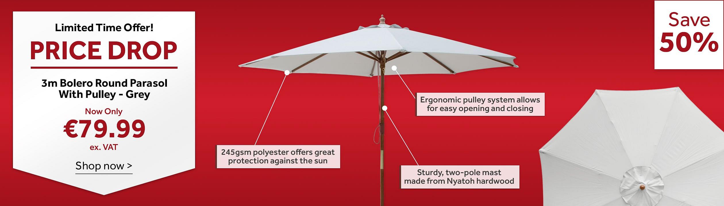 Price Drop. 3m Bolero Round Parasol With Pulley - Grey. Save 50%. Shop now