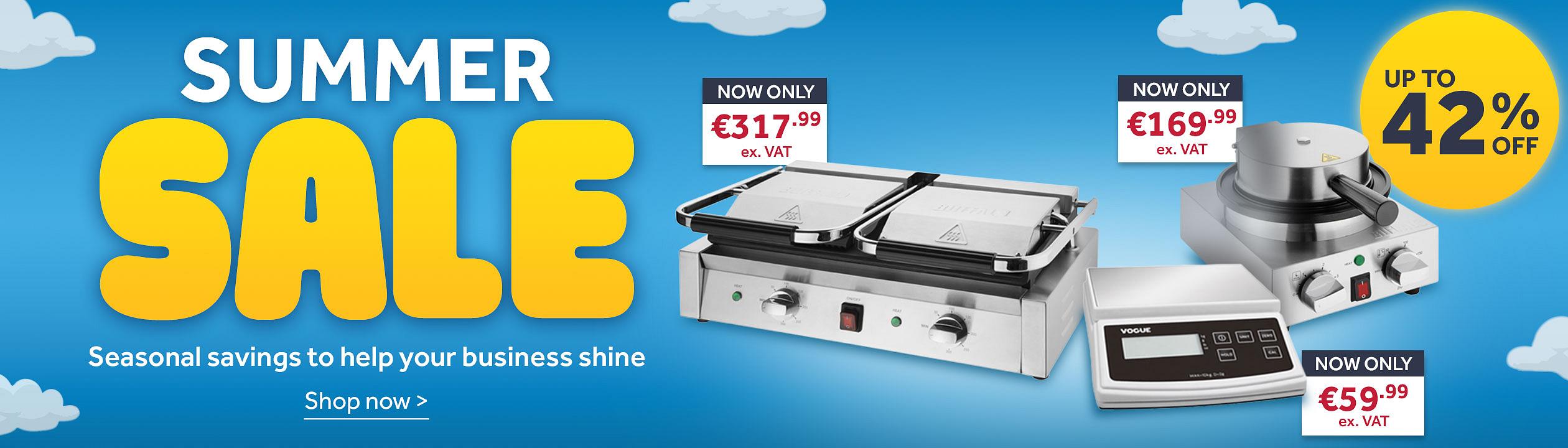 Summer Sale. Seasonal savings to help your business shine. Save up to 42%. A product montage containing a Buffalo Bistro Double Ribbed Contact Grill, a Vogue Electronic Scale 10kg and a Buffalo Round Belgian Waffle Maker. Shop now
