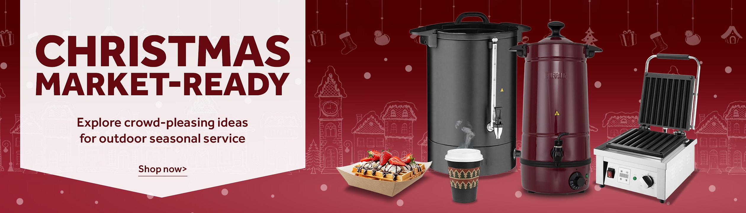Christmas Market-Ready. Save up to 40% on equipment for outdoor seasonal service, featuring hot drink dispensers, a waffle maker, takeaway coffee and festive serving solutions. Shop now >