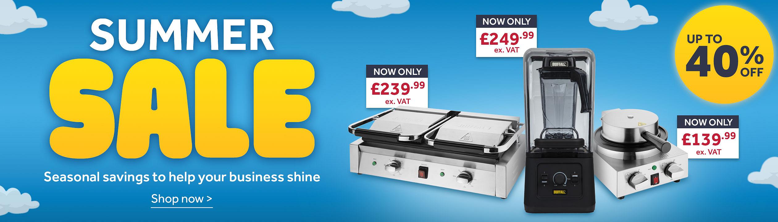 Summer Sale - seasonal savings to help your business shine. Save 40%. A montage containing a Buffalo Bar Blender 2.5Ltr with Sound Enclosure, Buffalo Round Belgian Waffle Maker and a Buffalo Bistro Double Ribbed Contact Grill. Shop now