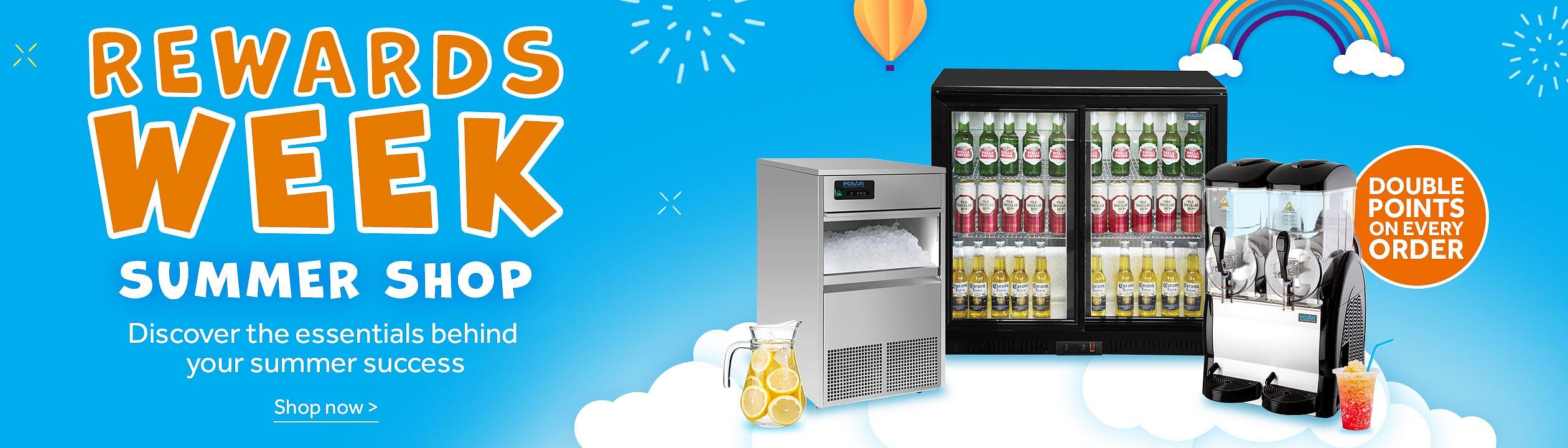 Rewards Week. Summer Shop. Double Points On Every Order. Discover the essentials behind your summer success. A montage of Polar G-Series Back Bar Cooler with Sliding Doors, Status 18 inch Power Fan Chrome, Polar G-Series Slush Machine and Polar G-Series Undercounter Ice Machine. Shop now