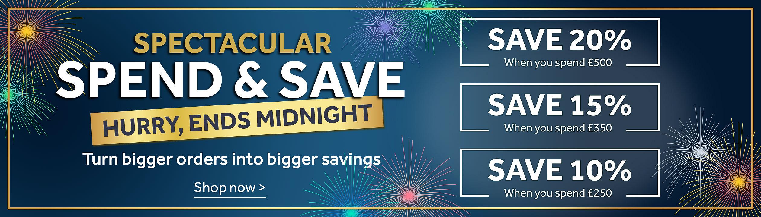 Spend & Save, limited time offer. Promotion involves spending: £250 to save 10%, £350 to save 15%, £500 to save 20% with the maximum discount amount being €150.  See terms
