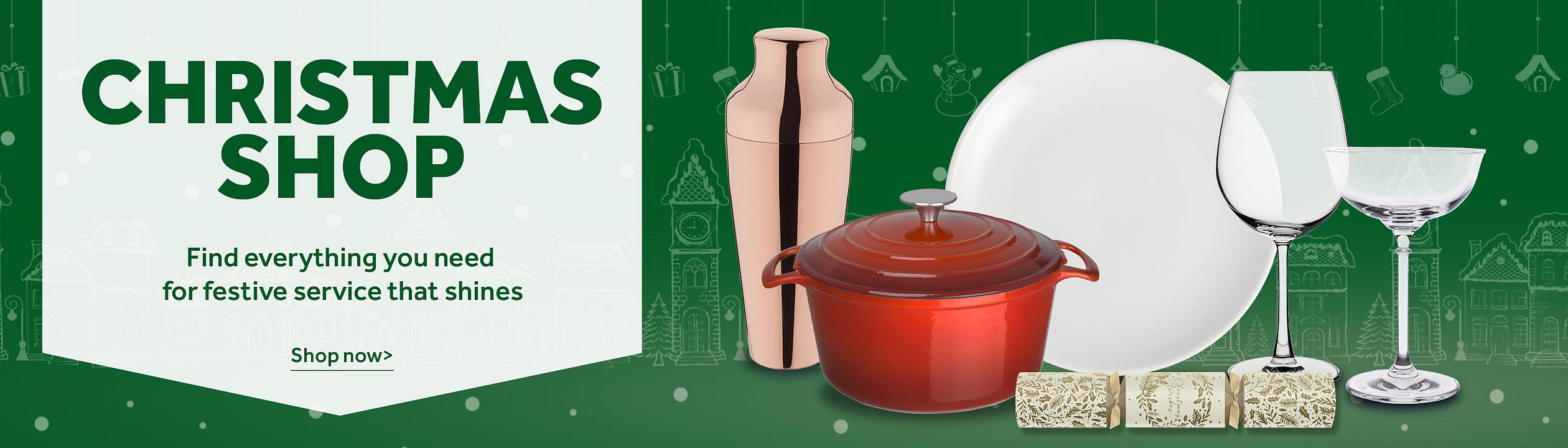 Christmas Shop.Find everything you need for festive service that shines. Montage of Olympia Whiteware Coupe Plates 250mm,Olympia Serena Wine Glasses 600ml,Olympia Lillie Coupe Glasses 215ml (6 Pack), Vogue Round Casserole Dish Red 4Ltr, Swantex Tis The Season Premium Christmas Cracker 12,Olympia French Cocktail Shaker Copper. Shop now