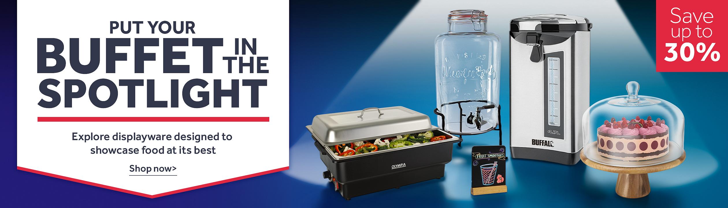 Buffet displayware promotion featuring a food warmer, beverage dispenser, hot water urn, and cake stand, with messaging to save up to 40% and showcase food at its best. Shop now >